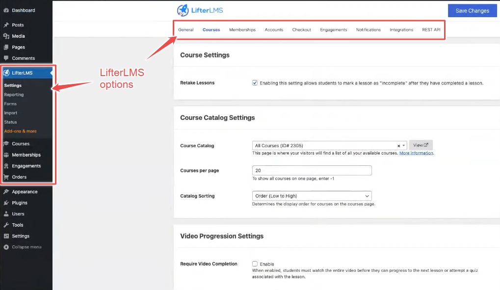 The image shows which options LifterLMS adds to wordpress.
