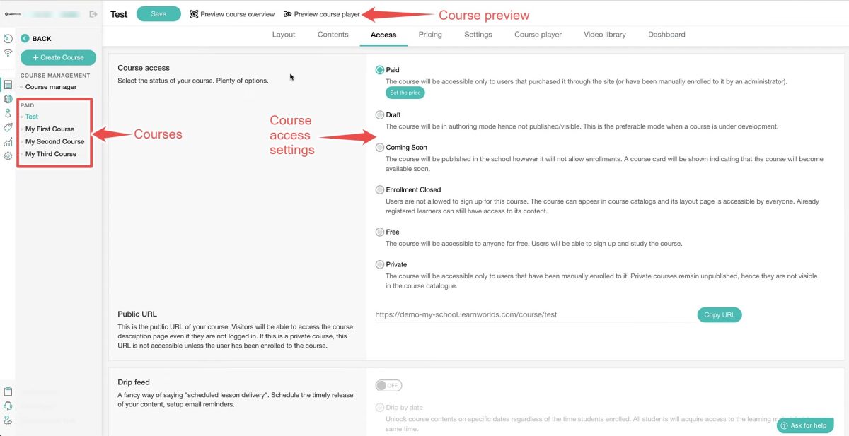 This image shows the course access settings of Learnworlds
