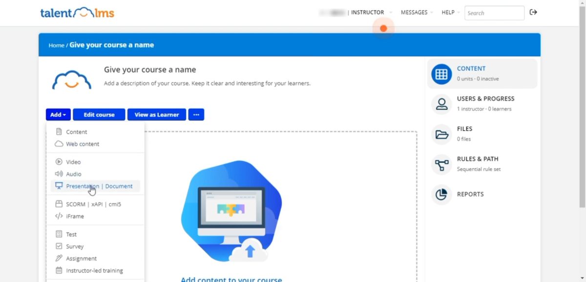 The options TalentLMS gives you for creating courses