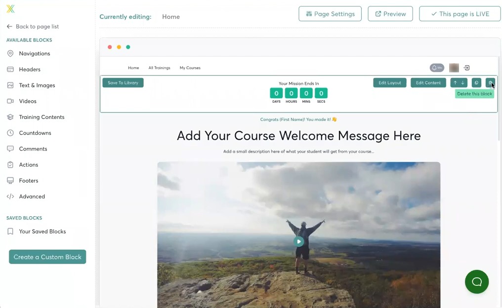 This image shows the course editor of Xperiencify